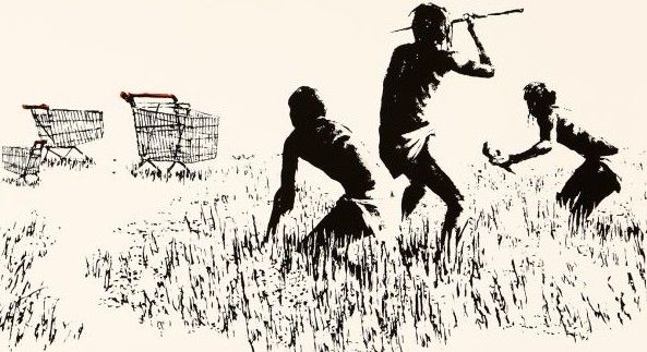 Banksy, Trolleys (Black and White), 2006, screenprint: prehistoric hunters with spears stalking supermarket trolleys in long grass