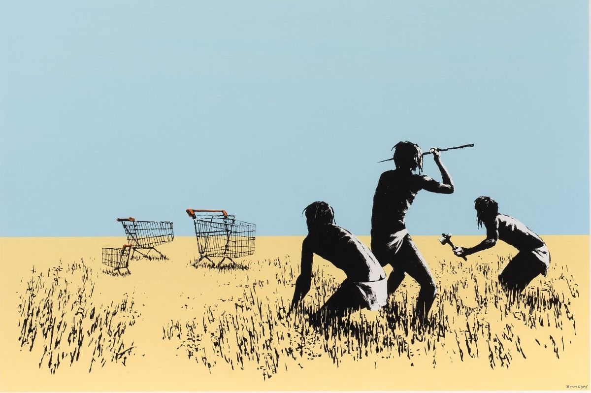 Banksy, Trolleys (Colour), 2007, screenprint: prehistoric hunters with spears stalking supermarket trolleys in long grass under a blue sky