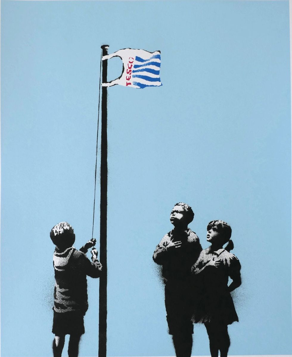 Banksy, Very Little Helps, 2008, screenprint: three children saluting a Tesco carrier bag raised on a flagpole