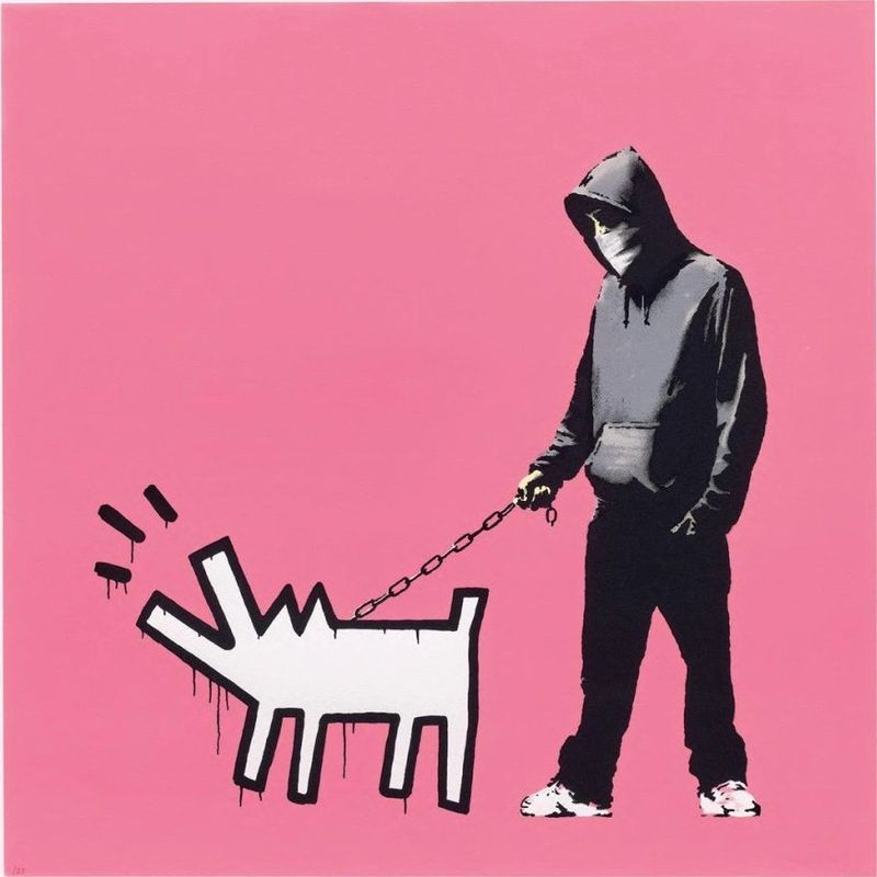 Banksy, Choose Your Weapon, 2010, screenprint, bright pink colourway: a hooded figure walking a Keith Haring-style barking dog on a chain