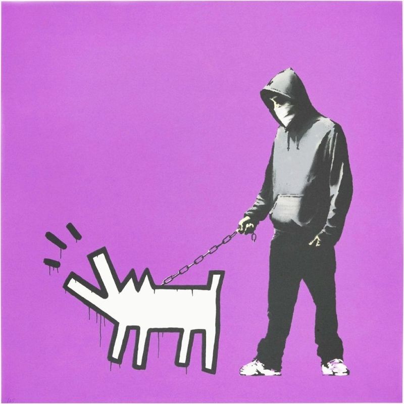 Banksy, Choose Your Weapon, 2010, screenprint, bright purple colourway: a hooded figure walking a Keith Haring-style barking dog on a chain