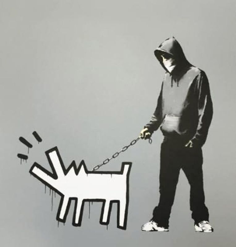 Banksy, Choose Your Weapon, 2010, screenprint, cool grey colourway: a hooded figure walking a Keith Haring-style barking dog on a chain