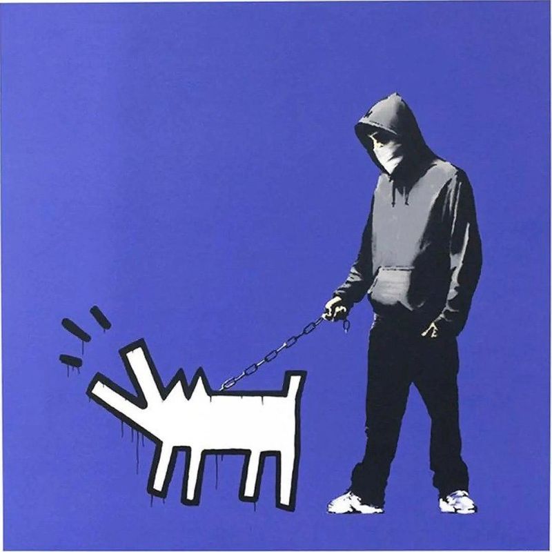 Banksy, Choose Your Weapon, 2010, screenprint, dark blue colourway: a hooded figure walking a Keith Haring-style barking dog on a chain