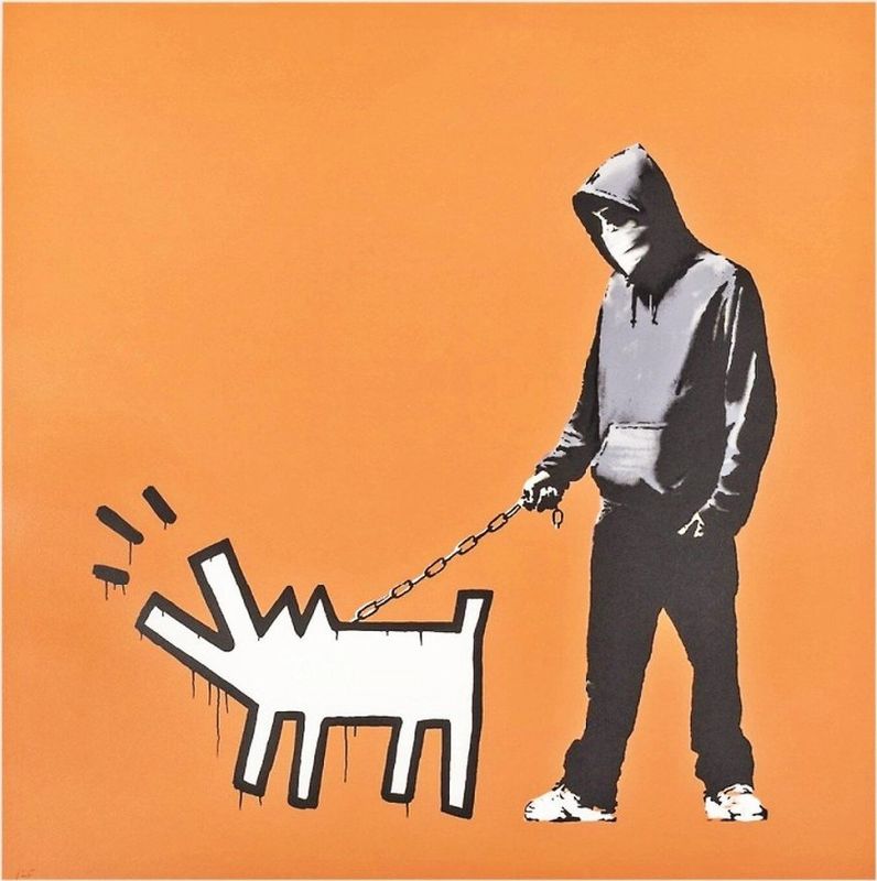 Banksy, Choose Your Weapon, 2010, screenprint, dark orange colourway: a hooded figure walking a Keith Haring-style barking dog on a chain
