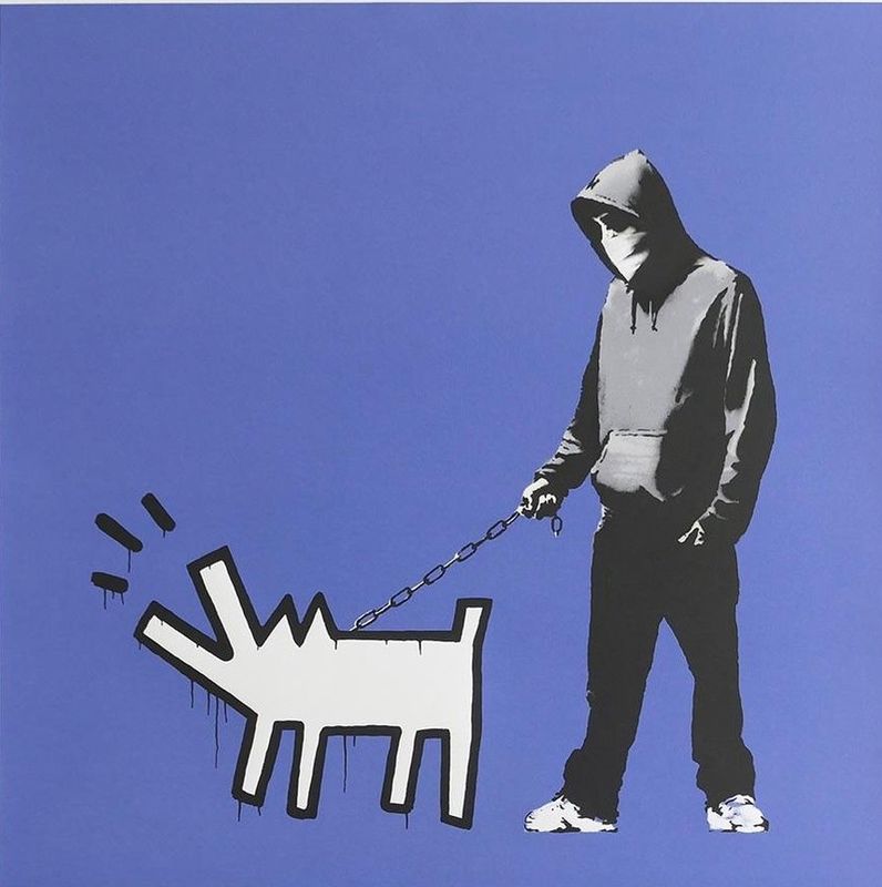 Banksy, Choose Your Weapon, 2010, screenprint, dark purple colourway: a hooded figure walking a Keith Haring-style barking dog on a chain