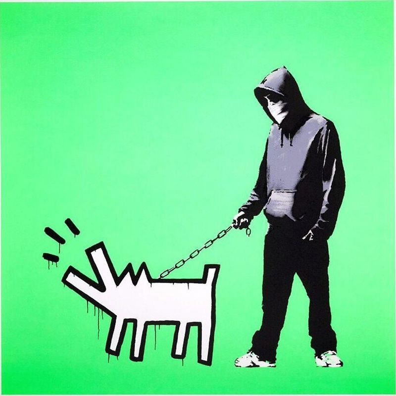 Banksy, Choose Your Weapon, 2010, screenprint, fluoro green colourway: a hooded figure walking a Keith Haring-style barking dog on a chain