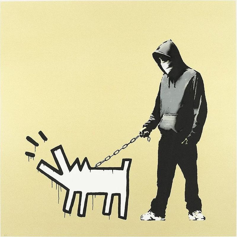 Banksy, Choose Your Weapon, 2010, screenprint, gold colourway: a hooded figure walking a Keith Haring-style barking dog on a chain