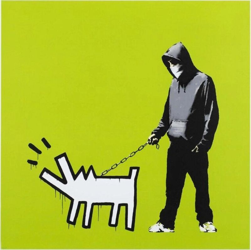 Banksy, Choose Your Weapon, 2010, screenprint, green colourway: a hooded figure walking a Keith Haring-style barking dog on a chain