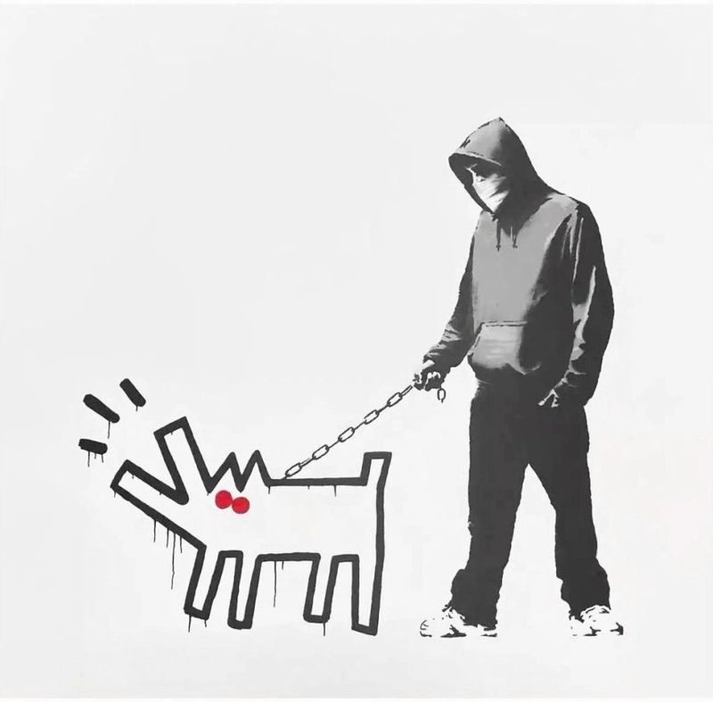 Banksy, Choose Your Weapon, 2010, screenprint, hand-finished white colourway: a hooded figure walking a Keith Haring-style barking dog on a chain