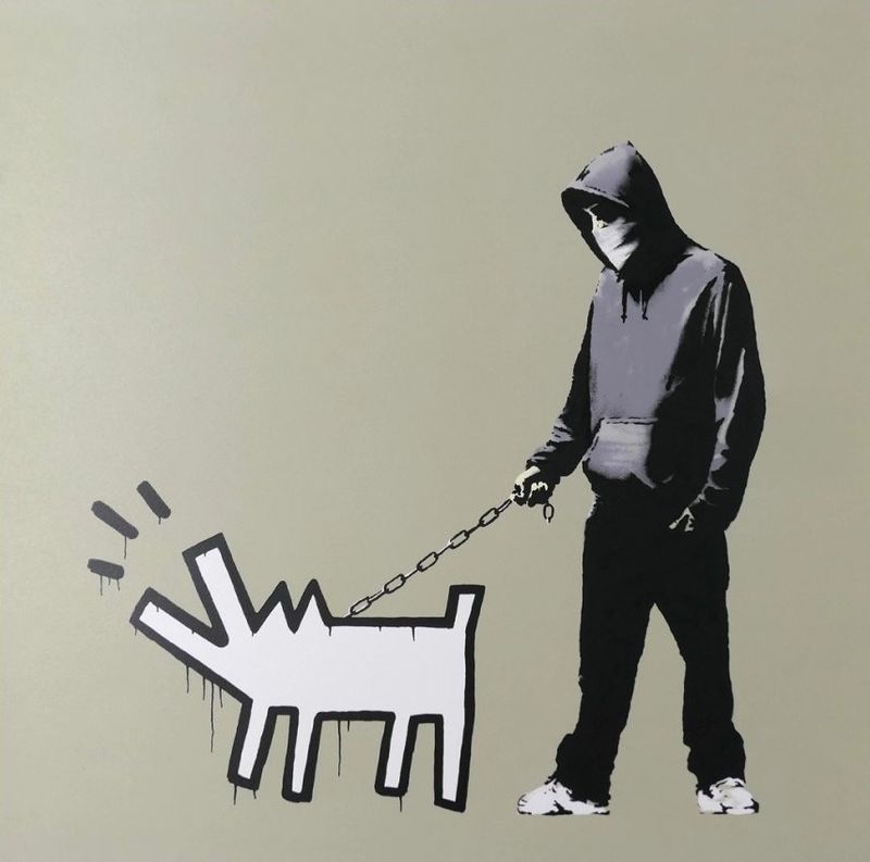 Banksy, Choose Your Weapon, 2010, screenprint, khaki colourway: a hooded figure walking a Keith Haring-style barking dog on a chain