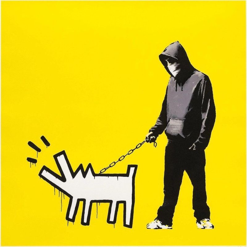 Banksy, Choose Your Weapon, 2010, screenprint, lemon colourway: a hooded figure walking a Keith Haring-style barking dog on a chain