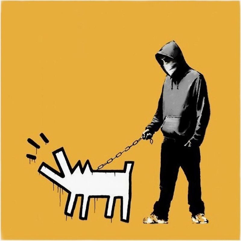 Banksy, Choose Your Weapon, 2010, screenprint, light orange colourway: a hooded figure walking a Keith Haring-style barking dog on a chain