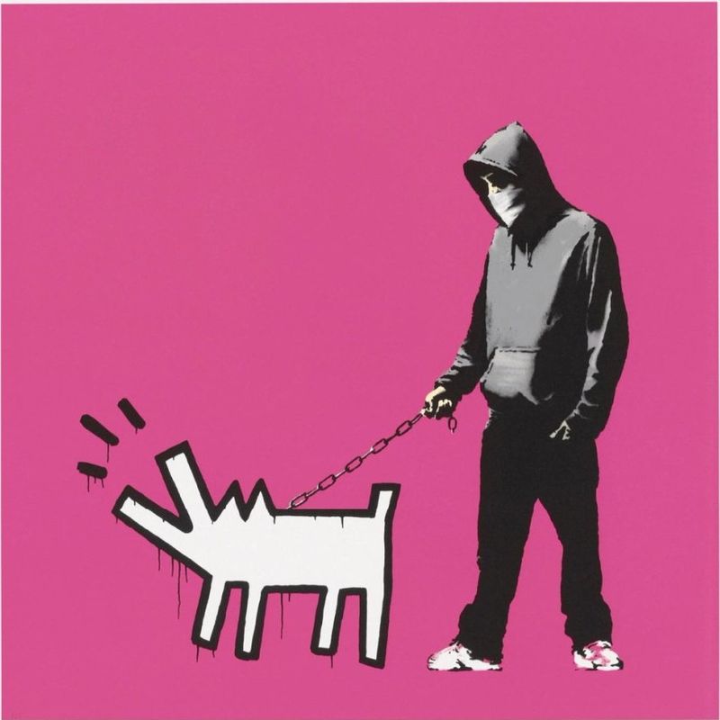 Banksy, Choose Your Weapon, 2010, screenprint, magenta colourway: a hooded figure walking a Keith Haring-style barking dog on a chain