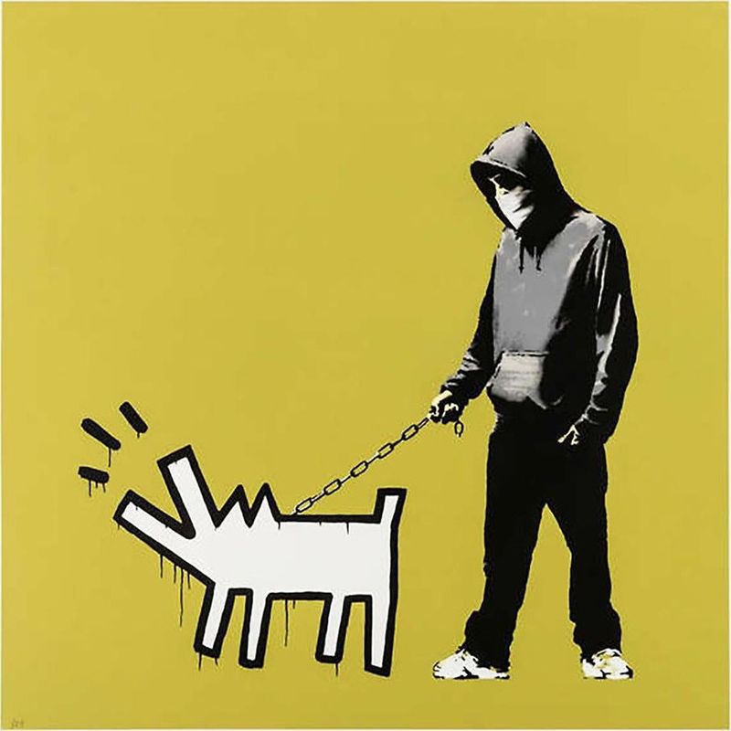 Banksy, Choose Your Weapon, 2010, screenprint, olive colourway: a hooded figure walking a Keith Haring-style barking dog on a chain