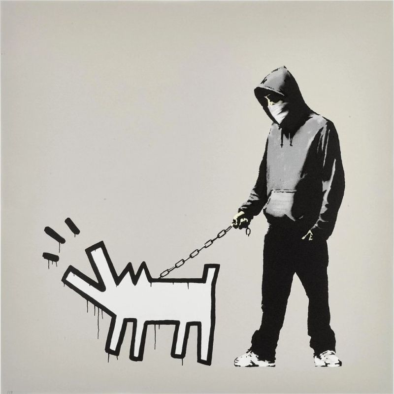 Banksy, Choose Your Weapon, 2010, screenprint, queue-jumping grey colourway: a hooded figure walking a Keith Haring-style barking dog on a chain