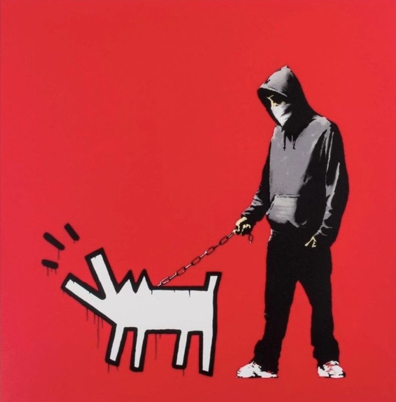 Banksy, Choose Your Weapon, 2010, screenprint, red colourway: a hooded figure walking a Keith Haring-style barking dog on a chain