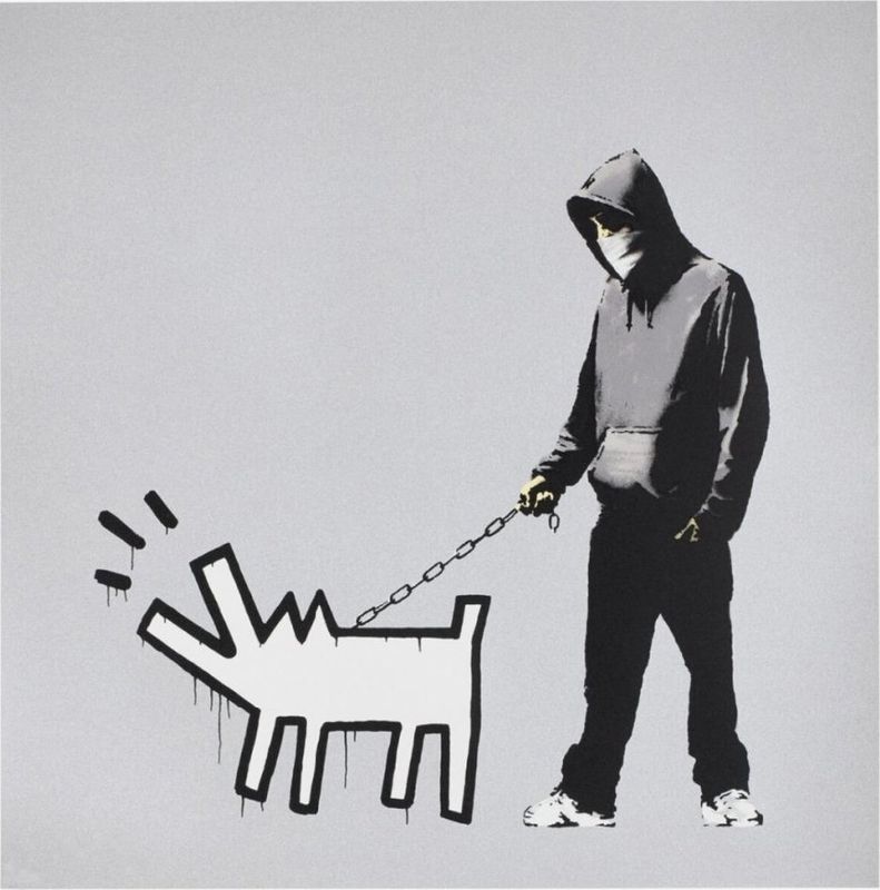 Banksy, Choose Your Weapon, 2010, screenprint, silver colourway: a hooded figure walking a Keith Haring-style barking dog on a chain