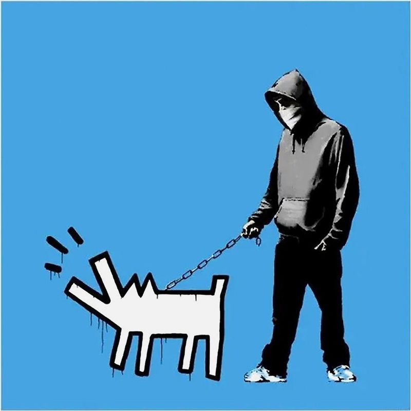 Banksy, Choose Your Weapon, 2010, screenprint, sky blue colourway: a hooded figure walking a Keith Haring-style barking dog on a chain