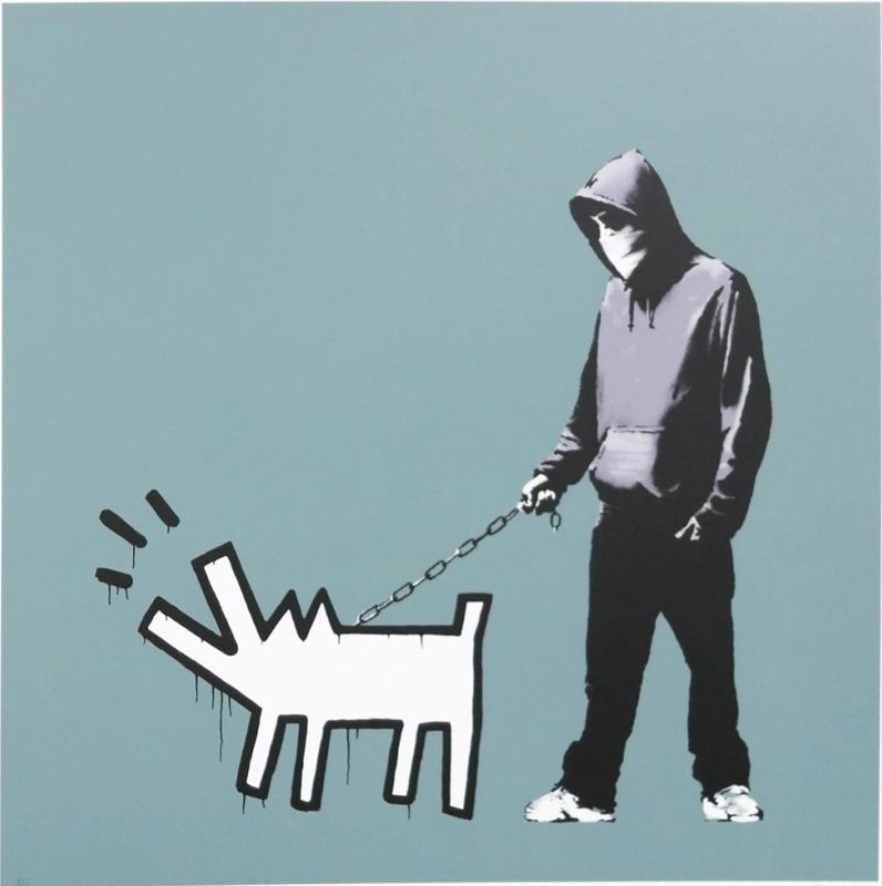 Banksy, Choose Your Weapon, 2010, screenprint, slate colourway: a hooded figure walking a Keith Haring-style barking dog on a chain