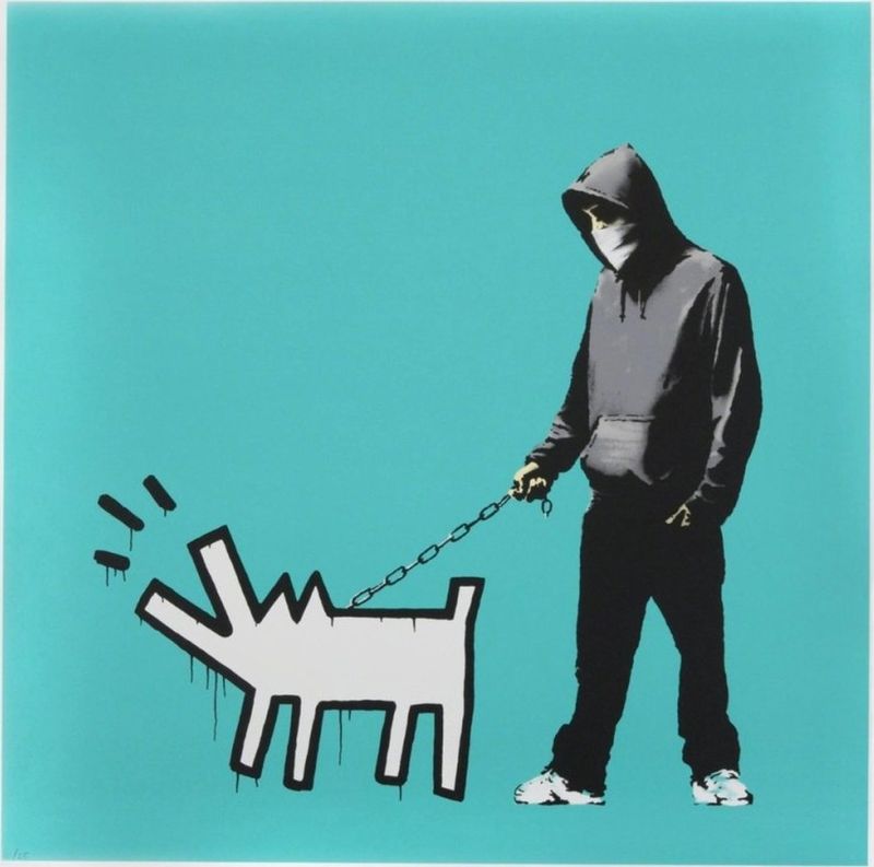 Banksy, Choose Your Weapon, 2010, screenprint, turquoise colourway: a hooded figure walking a Keith Haring-style barking dog on a chain