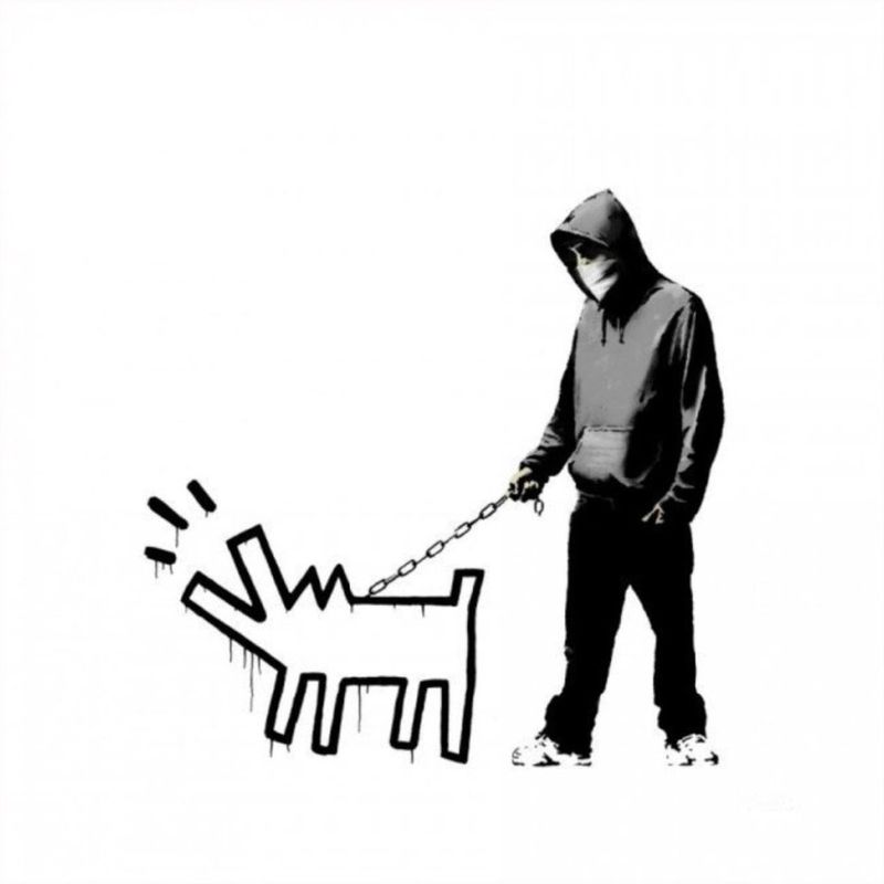 Banksy, Choose Your Weapon, 2010, screenprint, white colourway: a hooded figure walking a Keith Haring-style barking dog on a chain