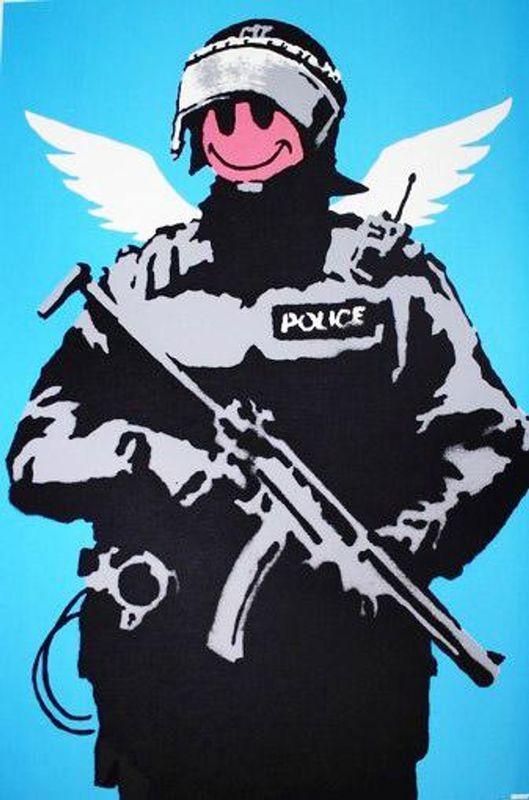 Banksy, Flying Copper, 2004, screenprint, artist's proof, pink face: an armed riot policeman with angel wings and a smiley face