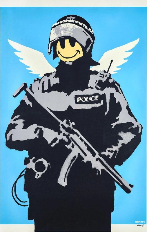Banksy, Flying Copper, 2004, screenprint, blue ground, signed: an armed riot policeman with angel wings and a smiley face