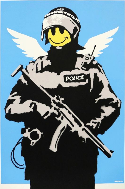 Banksy, Flying Copper, 2004, screenprint, blue ground, unsigned: an armed riot policeman with angel wings and a smiley face