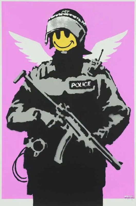 Banksy, Flying Copper, 2004, screenprint, pink ground: an armed riot policeman with angel wings and a smiley face
