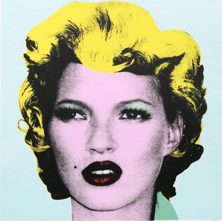 Banksy, Kate Moss, 2005, screenprint, yellow hair, pale blue ground: Kate Moss in the manner of Warhol's Marilyn