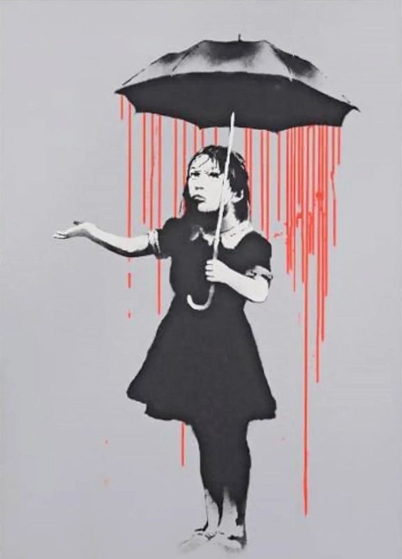 Banksy, Nola, 2008, screenprint, dark and light orange rain: a girl holding an umbrella with the rain falling only beneath it
