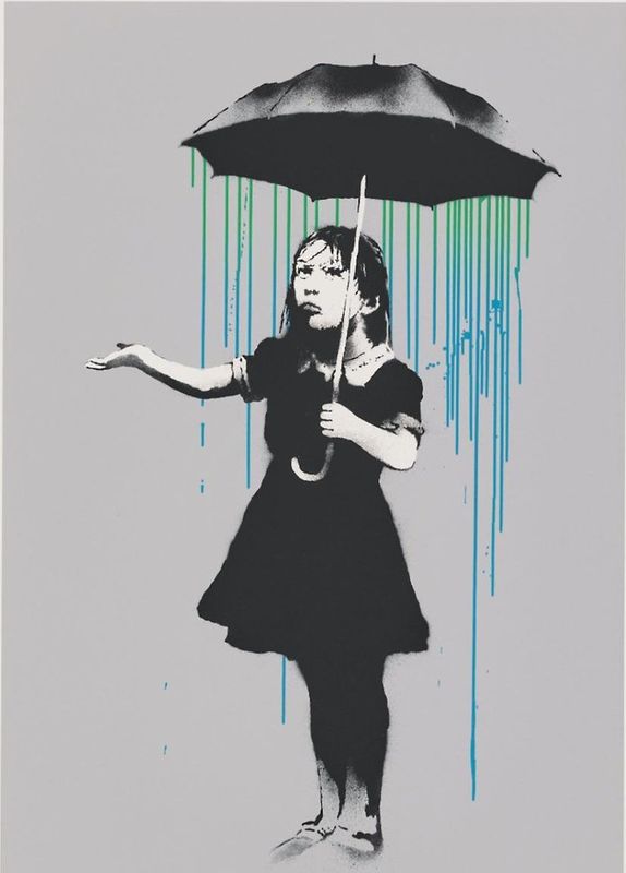 Banksy, Nola, 2008, screenprint, green and blue rain: a girl holding an umbrella with the rain falling only beneath it