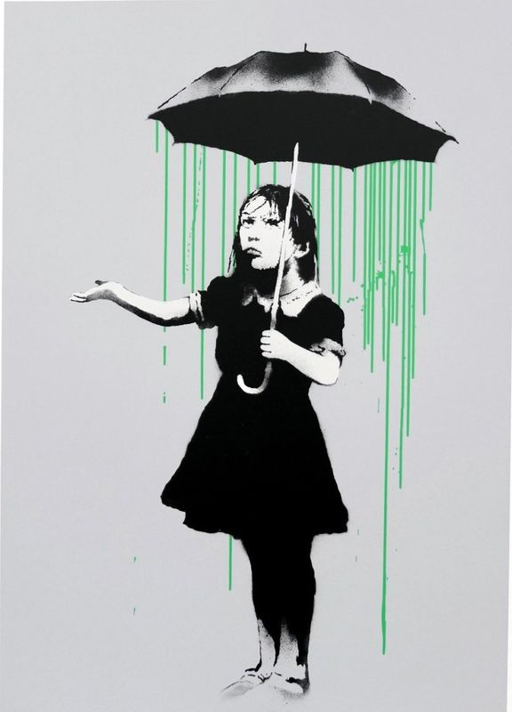 Banksy, Nola, 2008, screenprint, green rain: a girl holding an umbrella with the rain falling only beneath it
