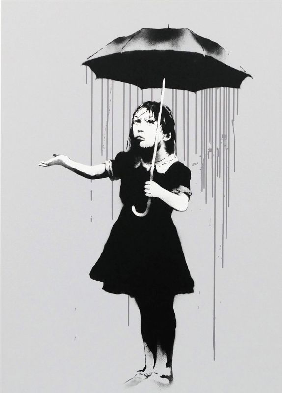 Banksy, Nola (Grey Rain), 2008, signed screenprint of a girl holding an umbrella with grey rain falling only beneath it