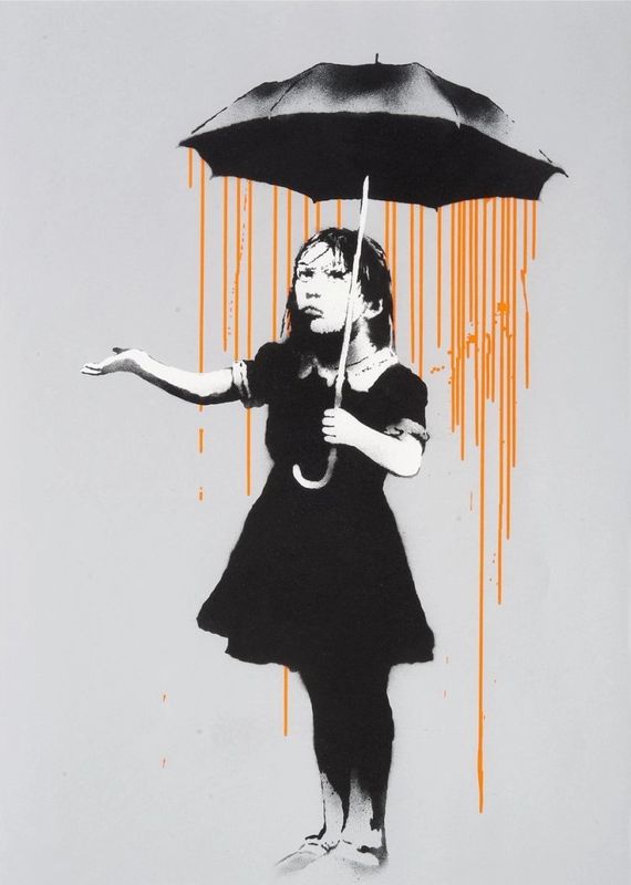 Banksy, Nola, 2008, screenprint, orange rain: a girl holding an umbrella with the rain falling only beneath it