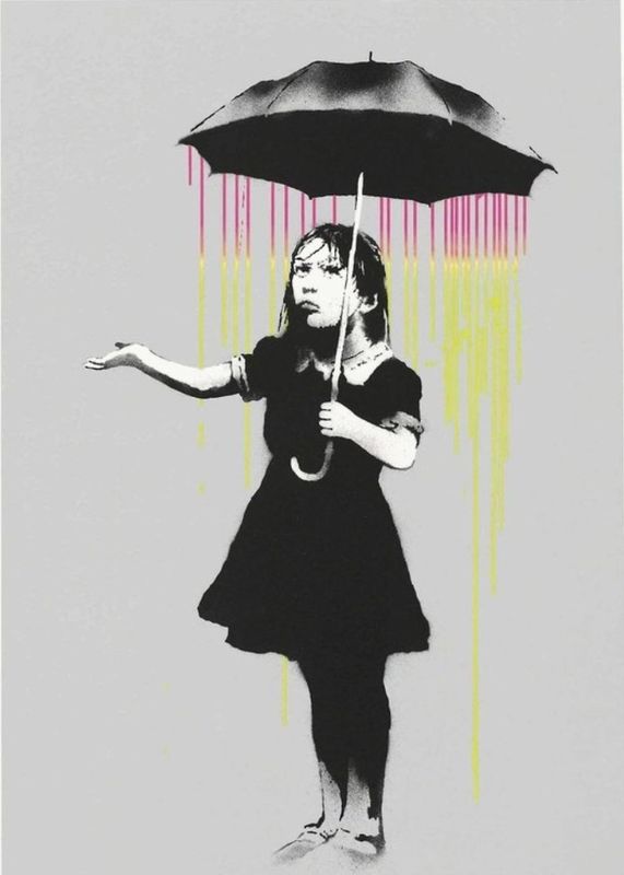 Banksy, Nola, 2008, screenprint, pink and yellow rain: a girl holding an umbrella with the rain falling only beneath it