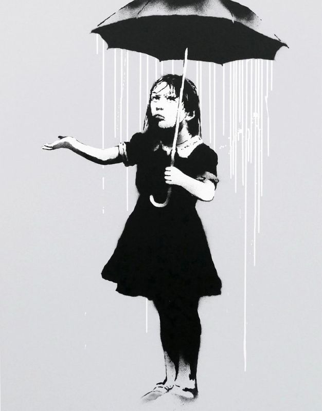 Banksy, Nola, 2008, screenprint, white rain: a girl holding an umbrella with the rain falling only beneath it