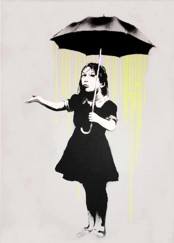 Banksy, Nola, 2008, screenprint, yellow rain: a girl holding an umbrella with the rain falling only beneath it
