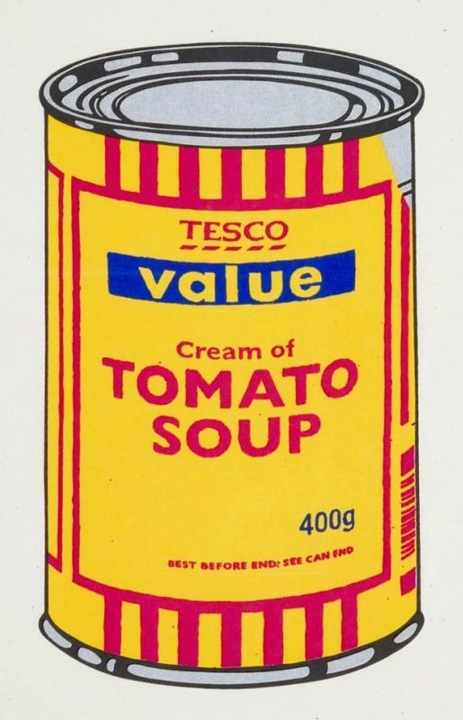 Banksy, Soup Can, 2005, screenprint, banana, cherry and blue: a Tesco Value cream of tomato soup can, after Warhol's Campbell's Soup