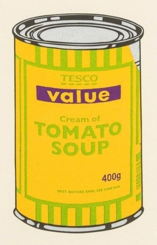 Banksy, Soup Can, 2005, screenprint, banana, lime and purple: a Tesco Value cream of tomato soup can, after Warhol's Campbell's Soup