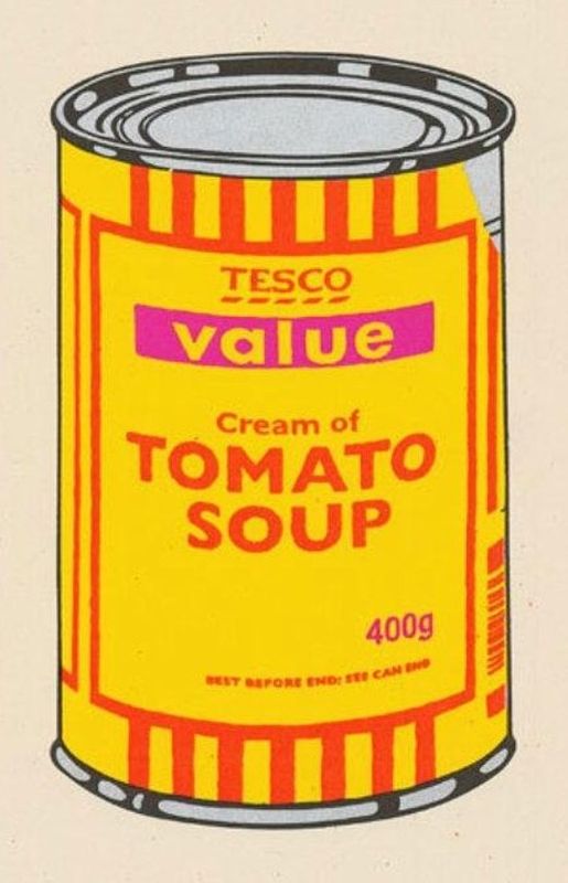 Banksy, Soup Can, 2005, screenprint, banana, orange and hot pink: a Tesco Value cream of tomato soup can, after Warhol's Campbell's Soup