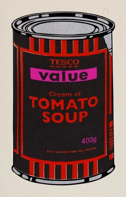 Banksy, Soup Can, 2005, screenprint, black, orange and pink: a Tesco Value cream of tomato soup can, after Warhol's Campbell's Soup