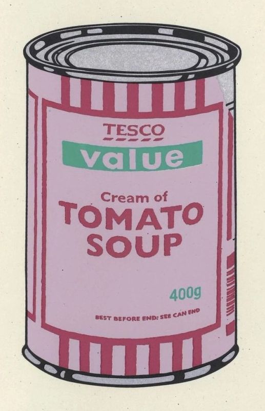 Banksy, Soup Can, 2005, screenprint, lilac, cherry and mint: a Tesco Value cream of tomato soup can, after Warhol's Campbell's Soup