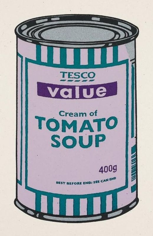 Banksy, Soup Can, 2005, screenprint, lilac, emerald and purple: a Tesco Value cream of tomato soup can, after Warhol's Campbell's Soup