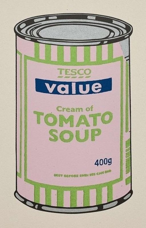 Banksy, Soup Can, 2005, screenprint, lilac, lime and blue: a Tesco Value cream of tomato soup can, after Warhol's Campbell's Soup
