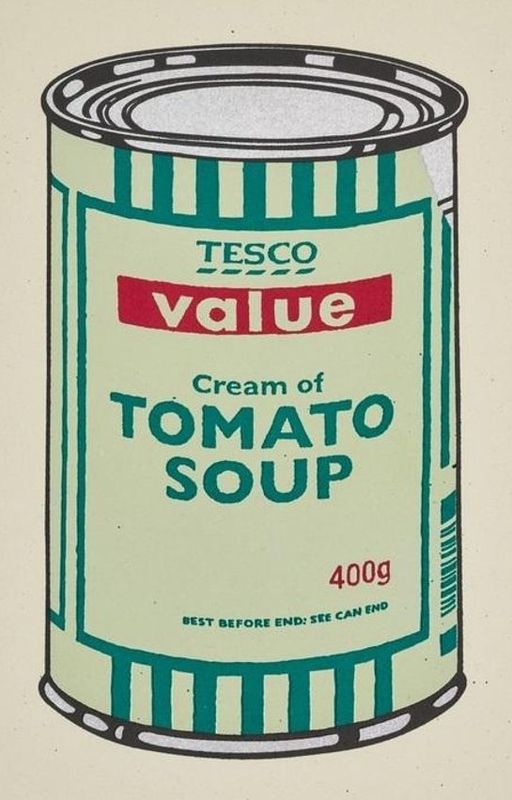 Banksy, Soup Can, 2005, screenprint, mint, emerald and cherry: a Tesco Value cream of tomato soup can, after Warhol's Campbell's Soup