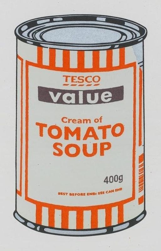 Banksy, Soup Can, 2005, screenprint, mint, orange and brown: a Tesco Value cream of tomato soup can, after Warhol's Campbell's Soup