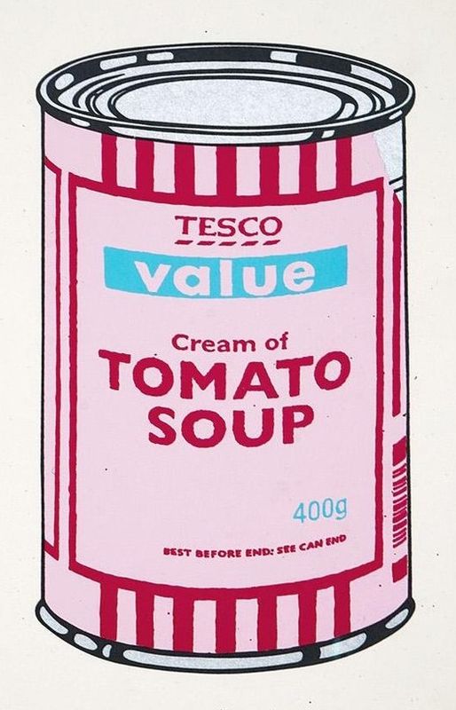 Banksy, Soup Can, 2005, screenprint, pink, cherry and blue: a Tesco Value cream of tomato soup can, after Warhol's Campbell's Soup