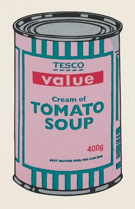 Banksy, Soup Can, 2005, screenprint, pink, emerald and raspberry: a Tesco Value cream of tomato soup can, after Warhol's Campbell's Soup