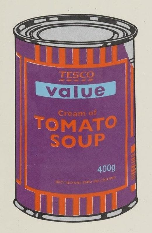 Banksy, Soup Can, 2005, screenprint, purple, orange and blue: a Tesco Value cream of tomato soup can, after Warhol's Campbell's Soup